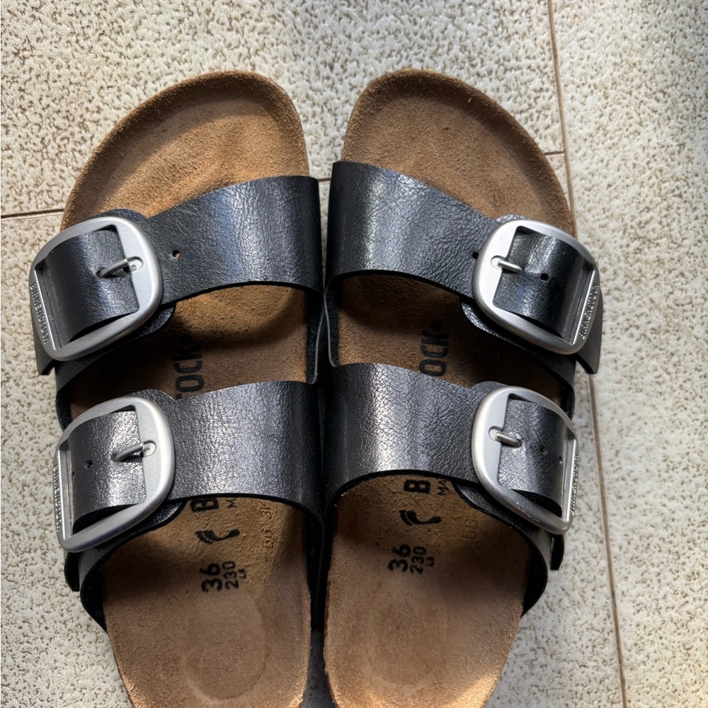 Birkenstock Black Sandals with Metallic Buckles